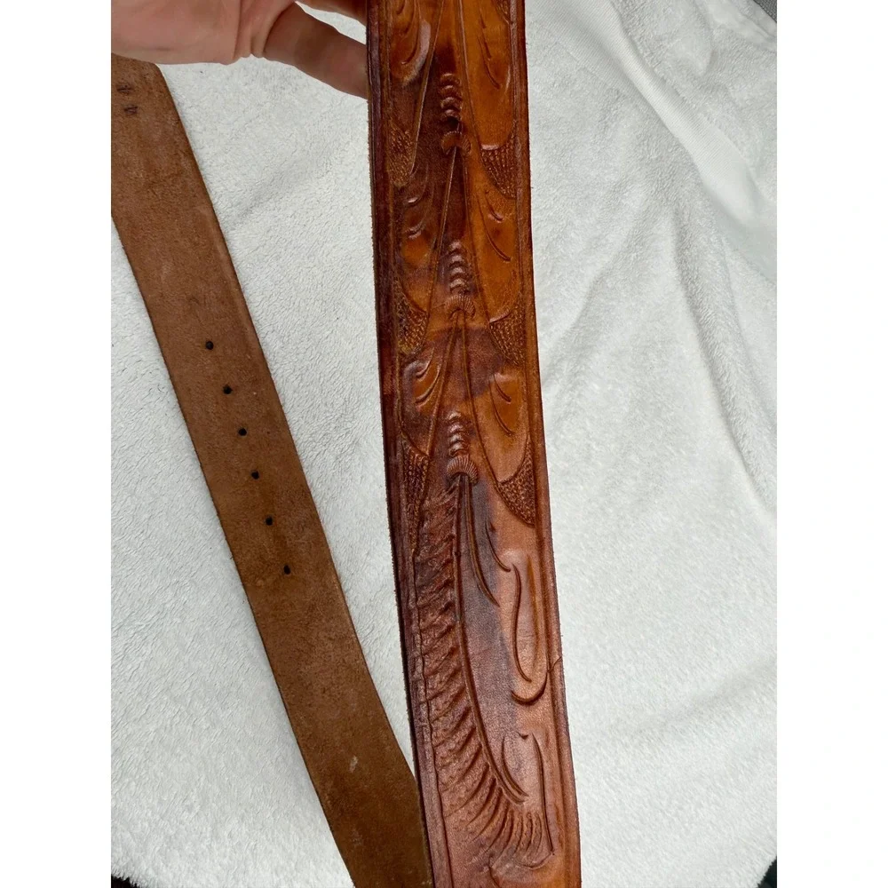 Hand Tooled Leather Belt Mens 44 Brown Floral Western Cowboy Boho 1.75 in wide